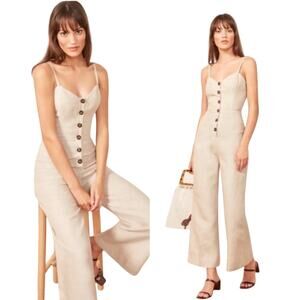 Reformation Torta Linen Button-Down Jumpsuit - Sand Beige Size 6